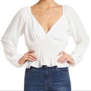Wayf smocked v-neck peplum peasant blouse white 11979